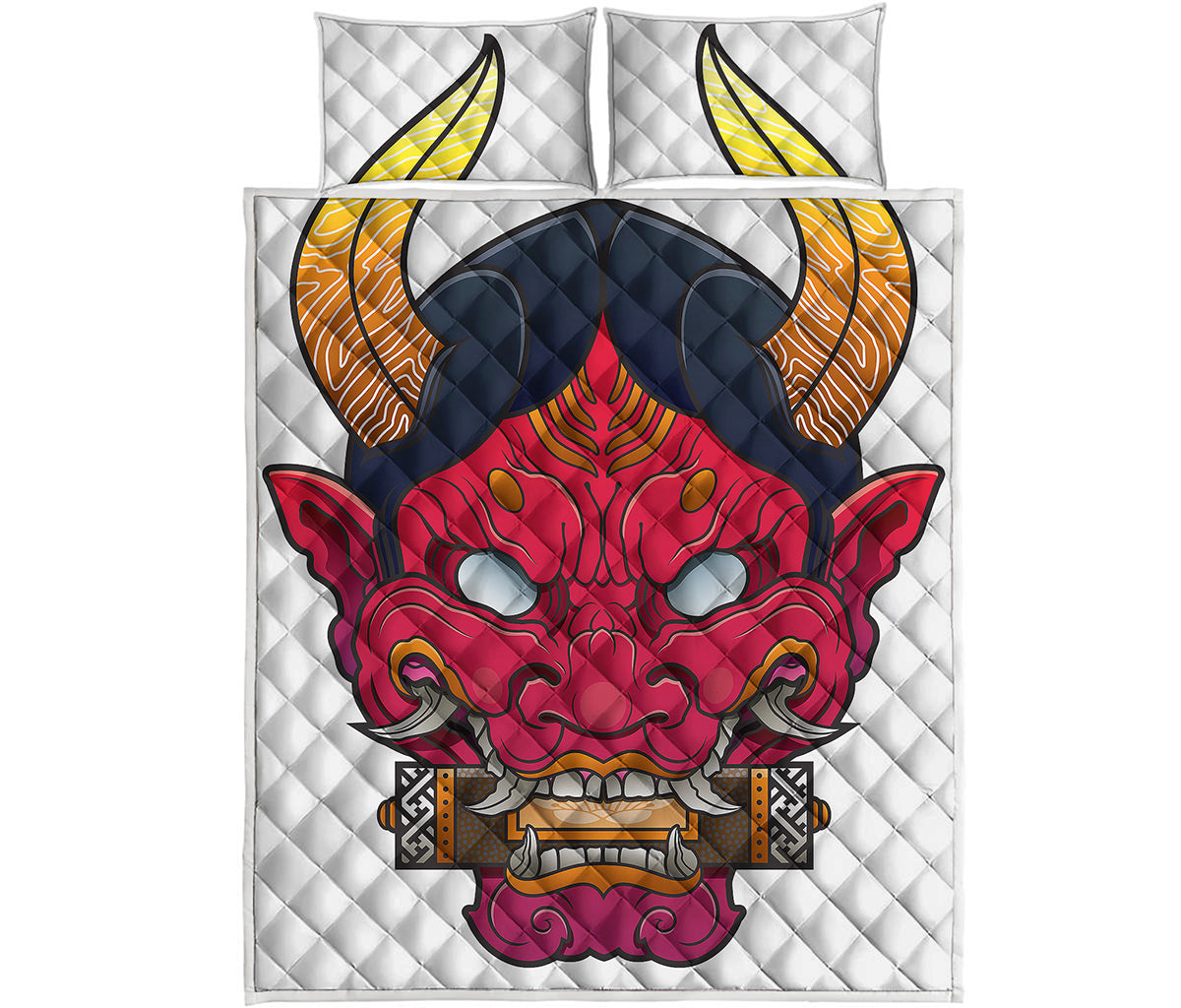 Japanese Demon Mask Print Quilt Bed Set