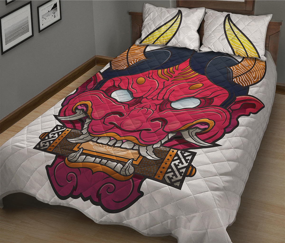Japanese Demon Mask Print Quilt Bed Set