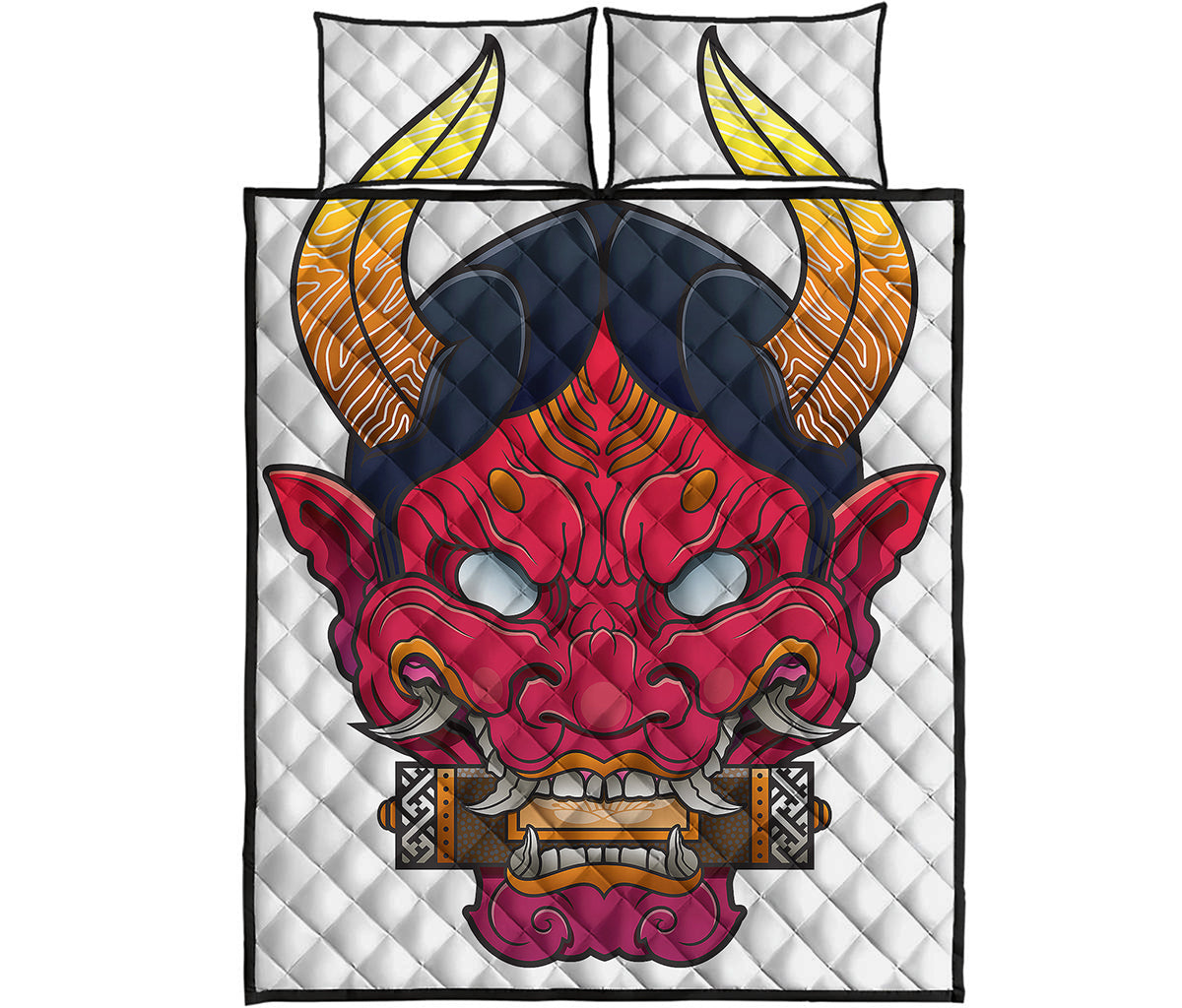 Japanese Demon Mask Print Quilt Bed Set