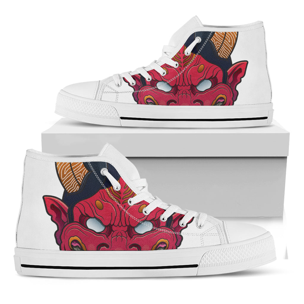 Japanese Demon Mask Print White High Top Shoes