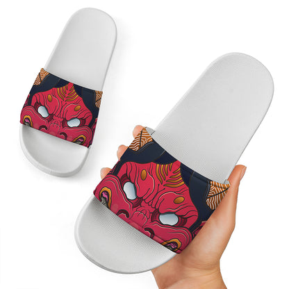 Japanese Demon Mask Print White Slide Sandals