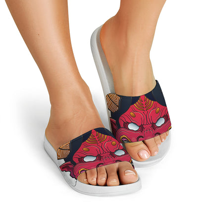 Japanese Demon Mask Print White Slide Sandals