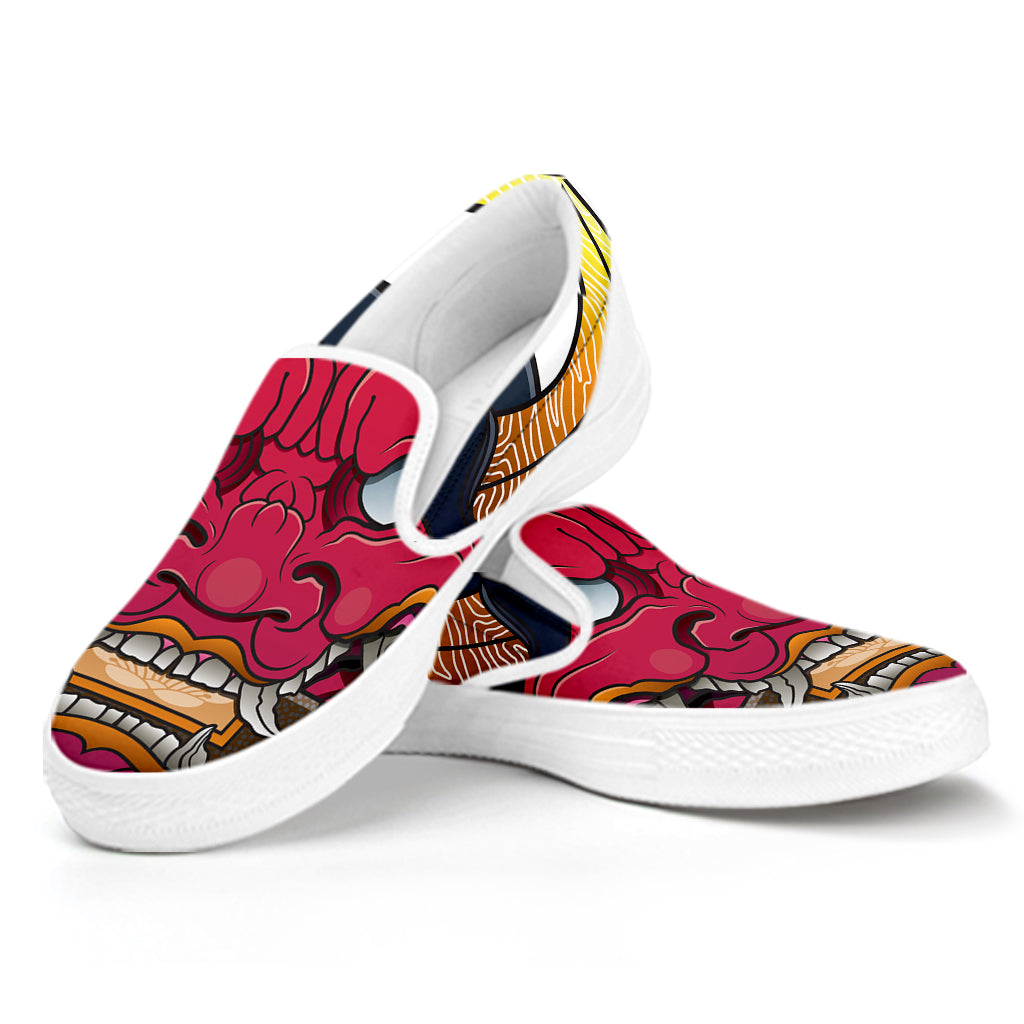 Japanese Demon Mask Print White Slip On Shoes