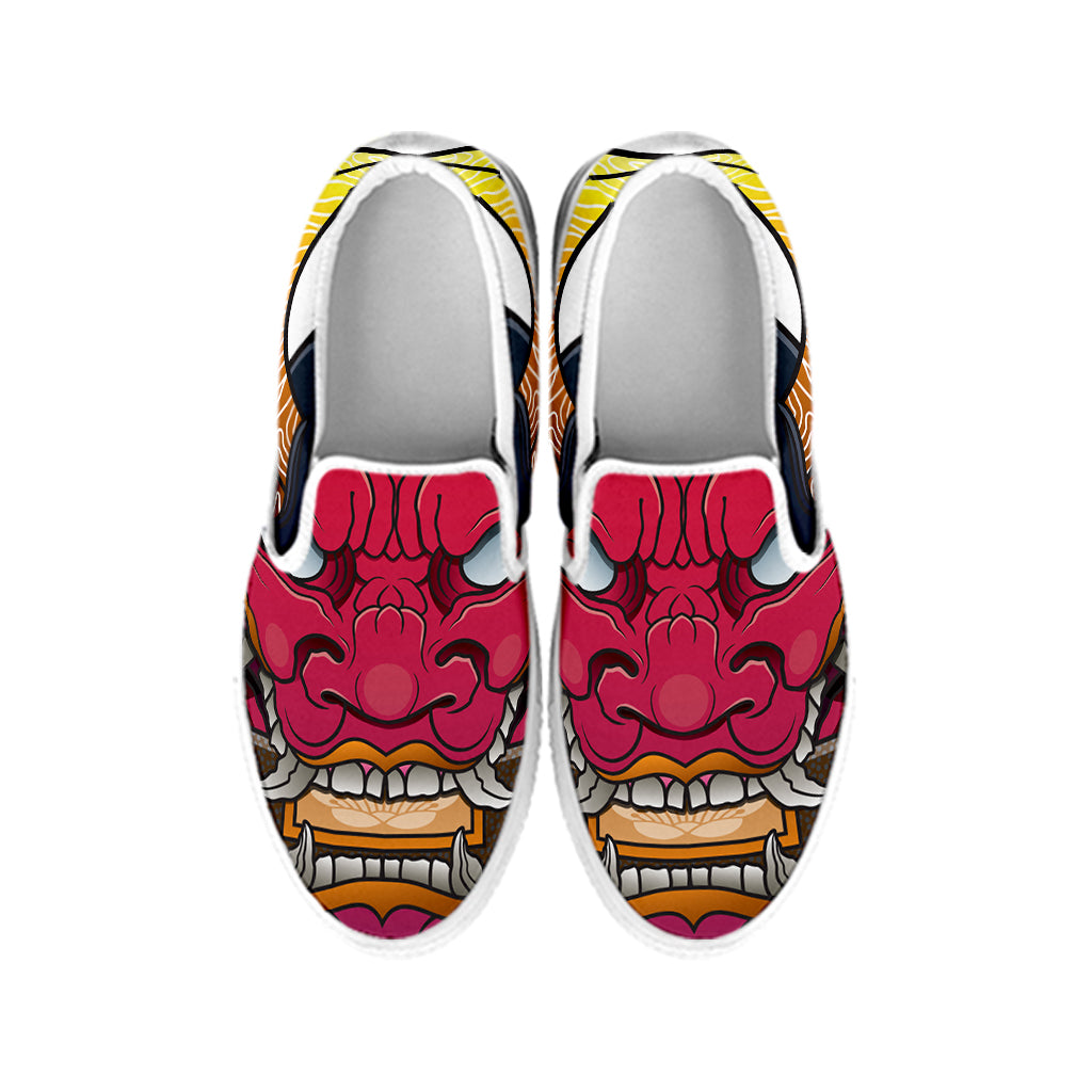 Japanese Demon Mask Print White Slip On Shoes