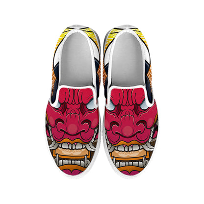 Japanese Demon Mask Print White Slip On Shoes