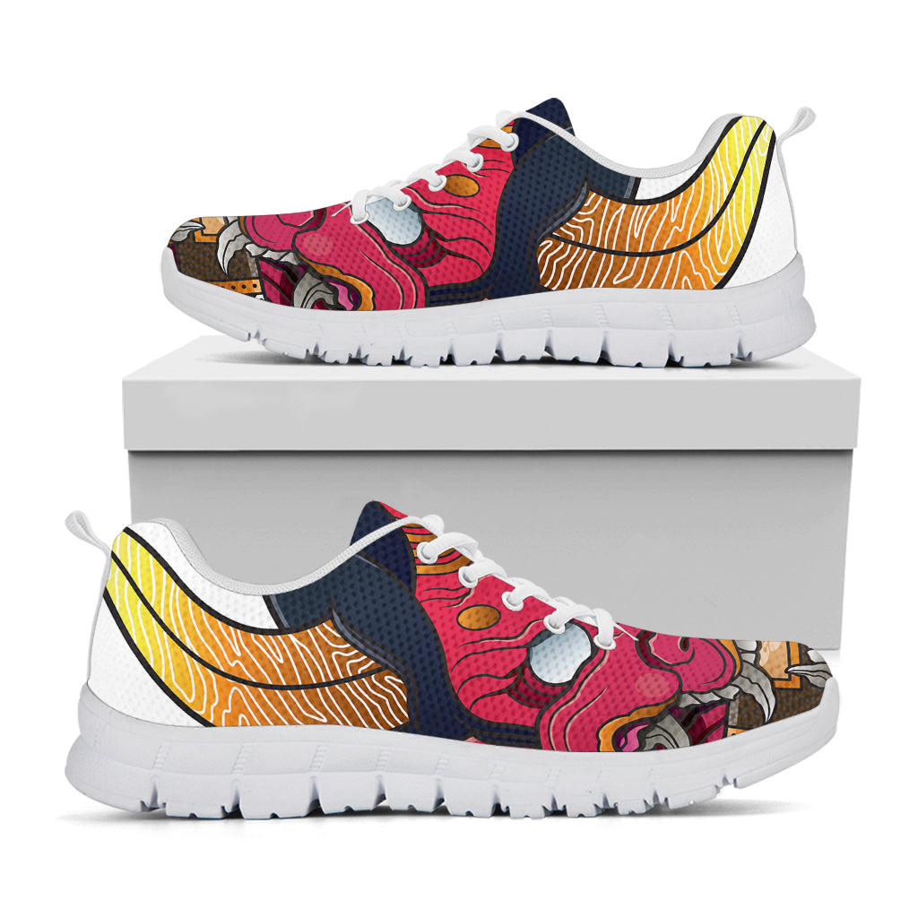 Japanese Demon Mask Print White Sneakers