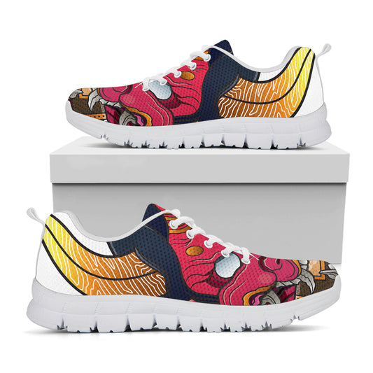 Japanese Demon Mask Print White Sneakers