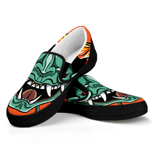 Japanese Demon Print Black Slip On Shoes