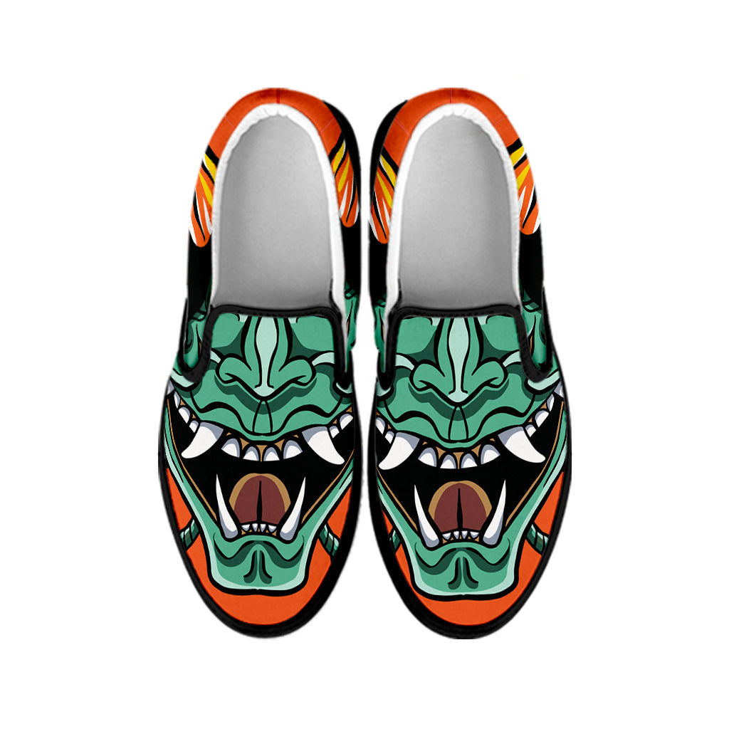 Japanese Demon Print Black Slip On Shoes