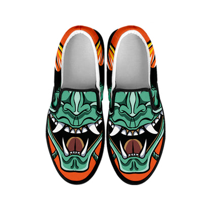 Japanese Demon Print Black Slip On Shoes