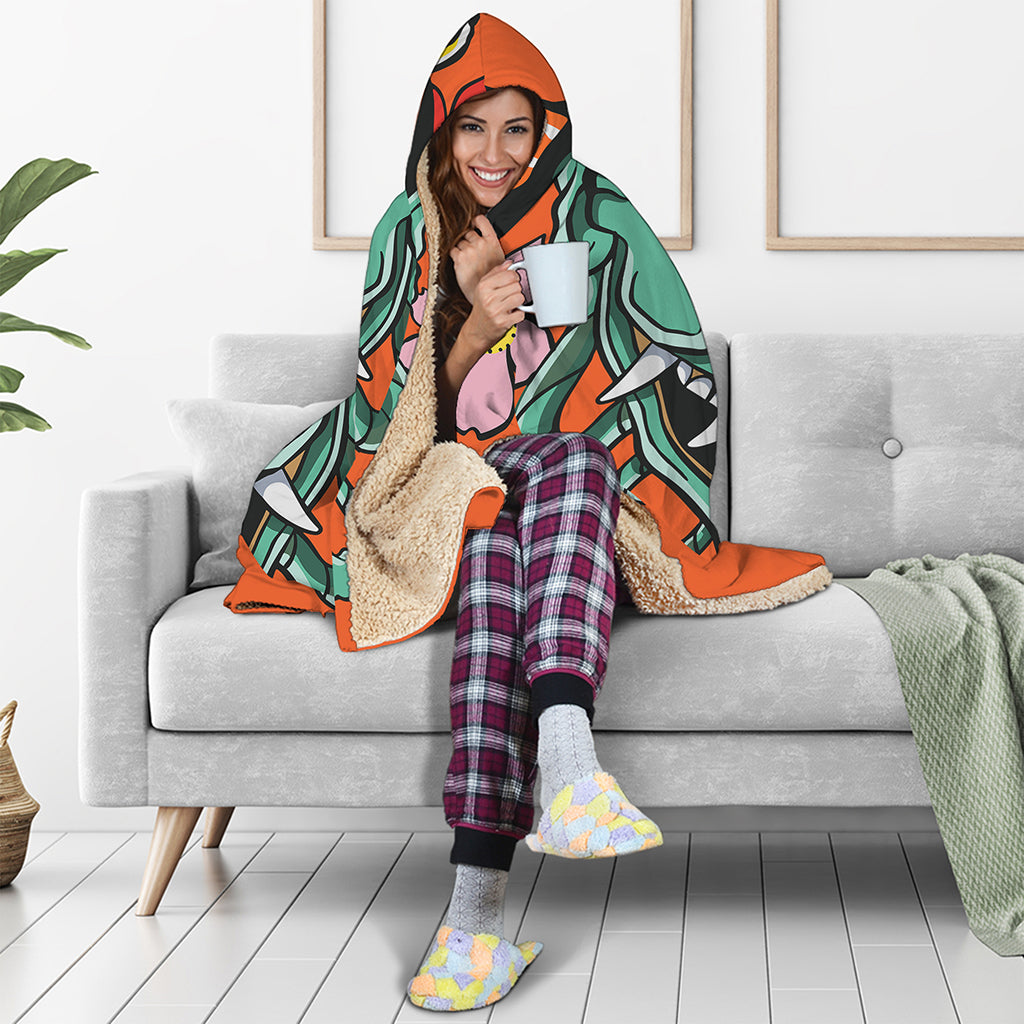 Japanese Demon Print Hooded Blanket