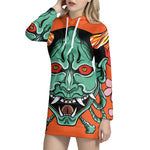 Japanese Demon Print Pullover Hoodie Dress