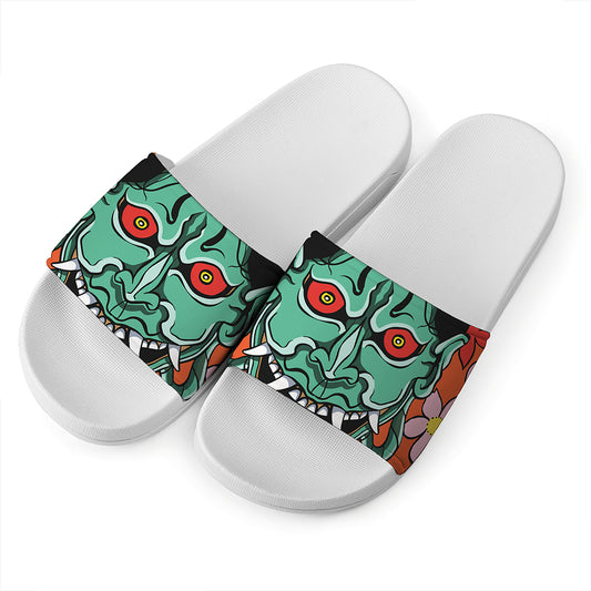 Japanese Demon Print White Slide Sandals