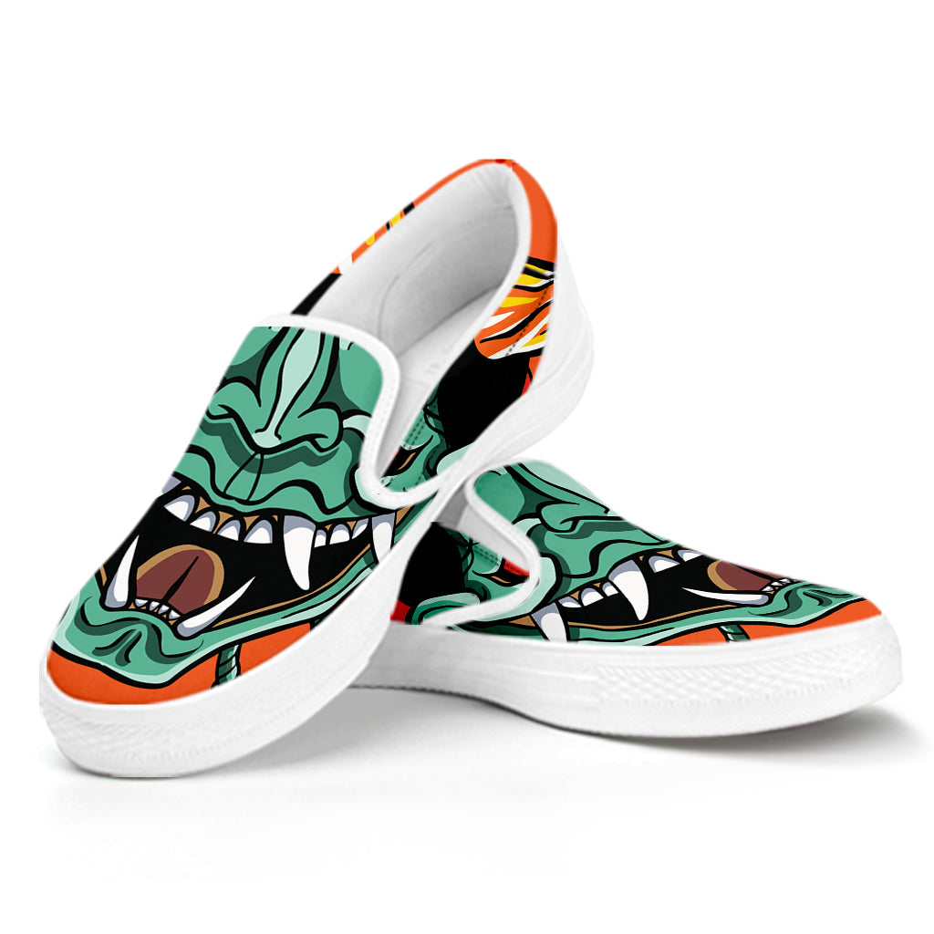 Japanese Demon Print White Slip On Shoes