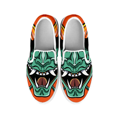 Japanese Demon Print White Slip On Shoes