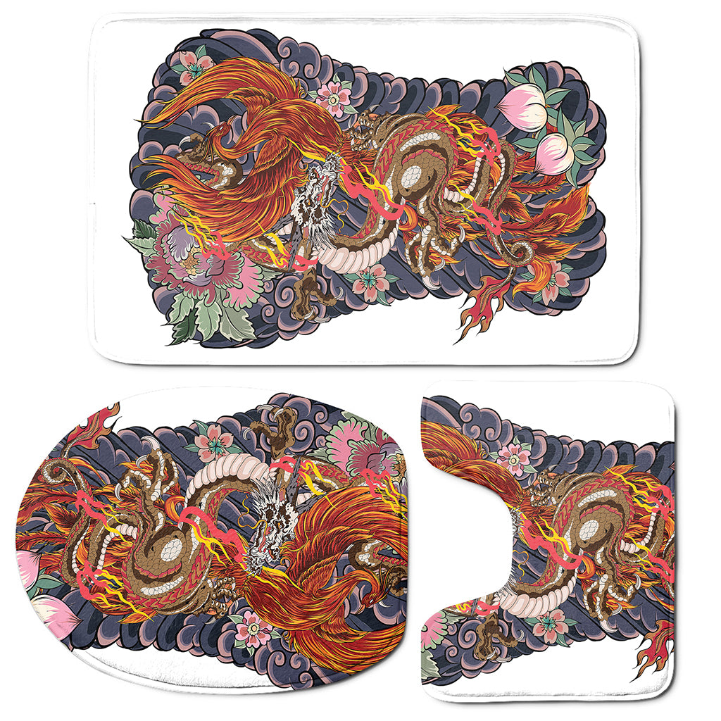 Japanese Dragon And Phoenix Tattoo Print 3 Piece Bath Mat Set