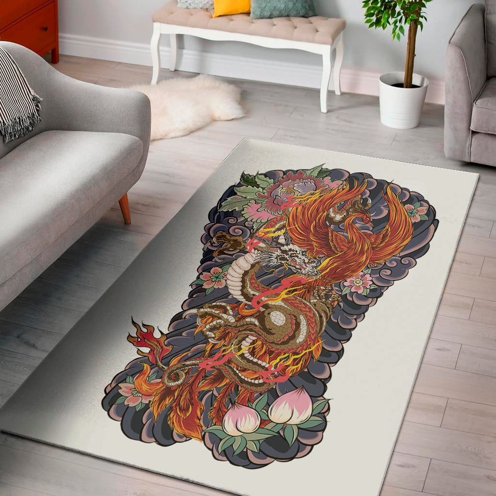 Japanese Dragon And Phoenix Tattoo Print Area Rug
