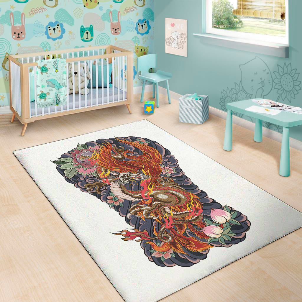 Japanese Dragon And Phoenix Tattoo Print Area Rug