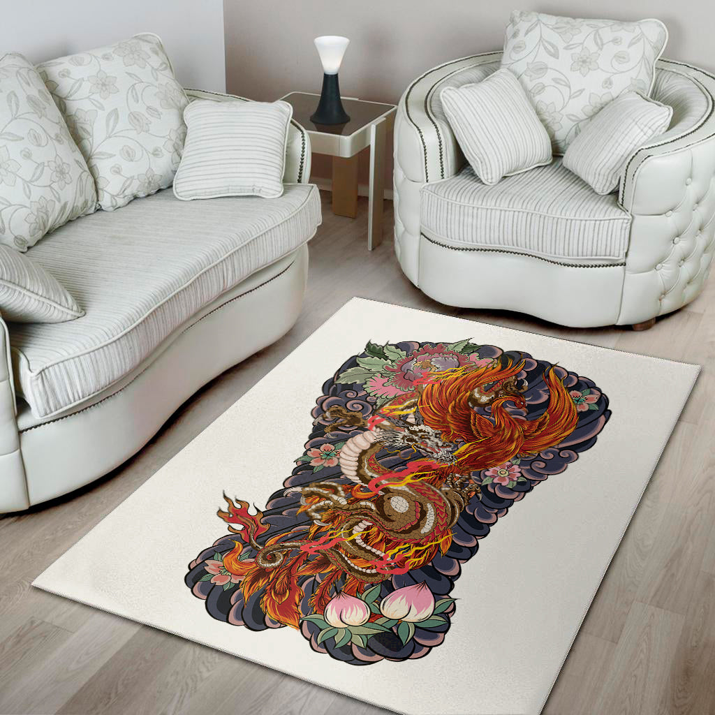 Japanese Dragon And Phoenix Tattoo Print Area Rug