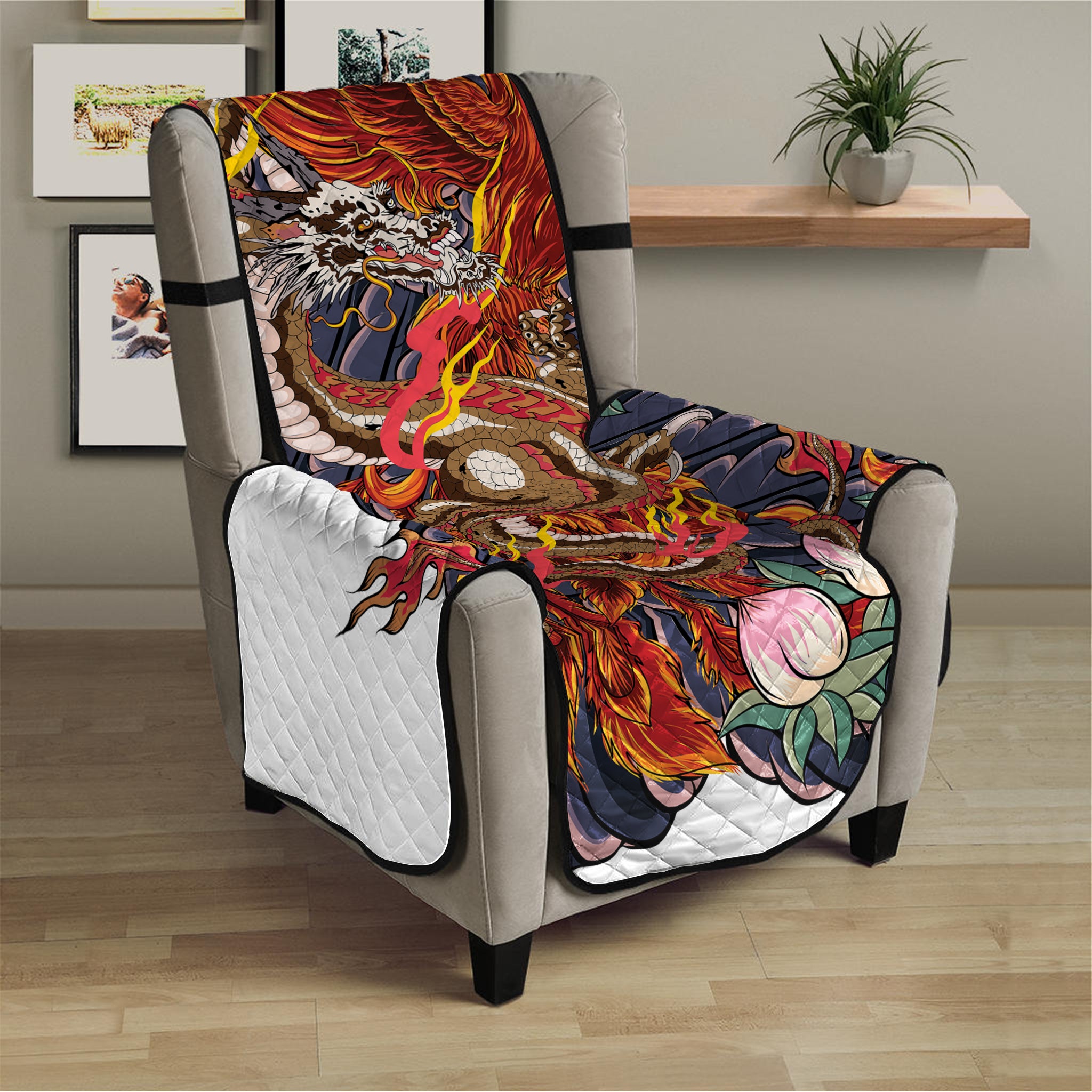 Japanese Dragon And Phoenix Tattoo Print Armchair Protector