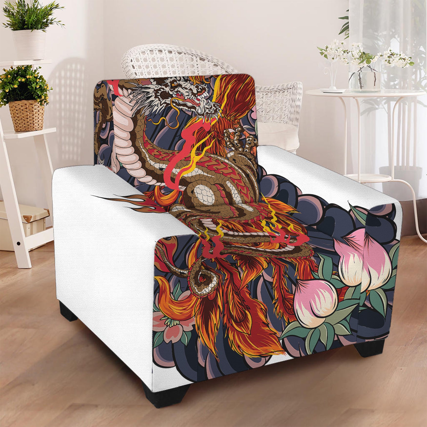 Japanese Dragon And Phoenix Tattoo Print Armchair Slipcover