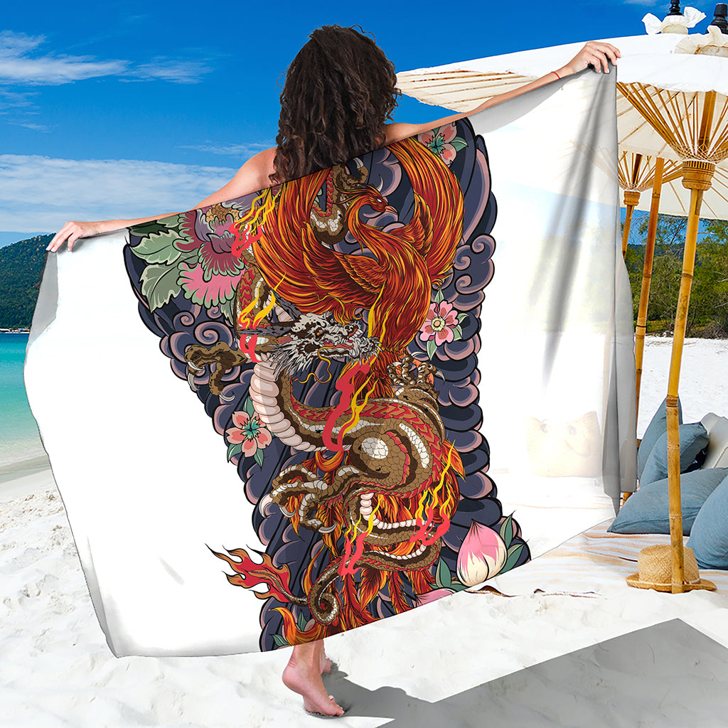 Japanese Dragon And Phoenix Tattoo Print Beach Sarong Wrap