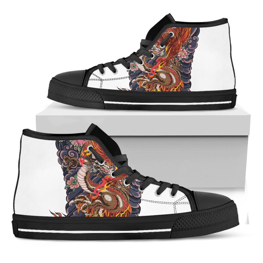 Japanese Dragon And Phoenix Tattoo Print Black High Top Shoes