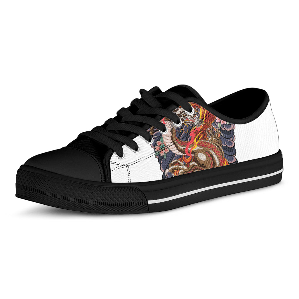 Japanese Dragon And Phoenix Tattoo Print Black Low Top Shoes 