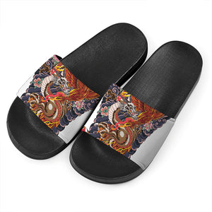 Japanese Dragon And Phoenix Tattoo Print Black Slide Sandals