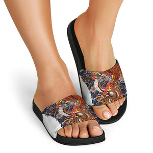 Japanese Dragon And Phoenix Tattoo Print Black Slide Sandals