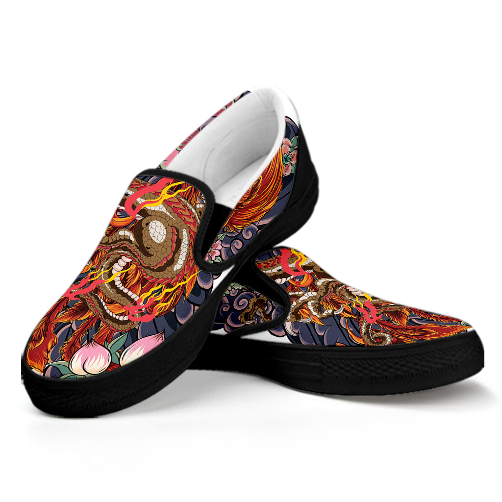 Japanese Dragon And Phoenix Tattoo Print Black Slip On Shoes