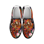 Japanese Dragon And Phoenix Tattoo Print Black Slip On Shoes