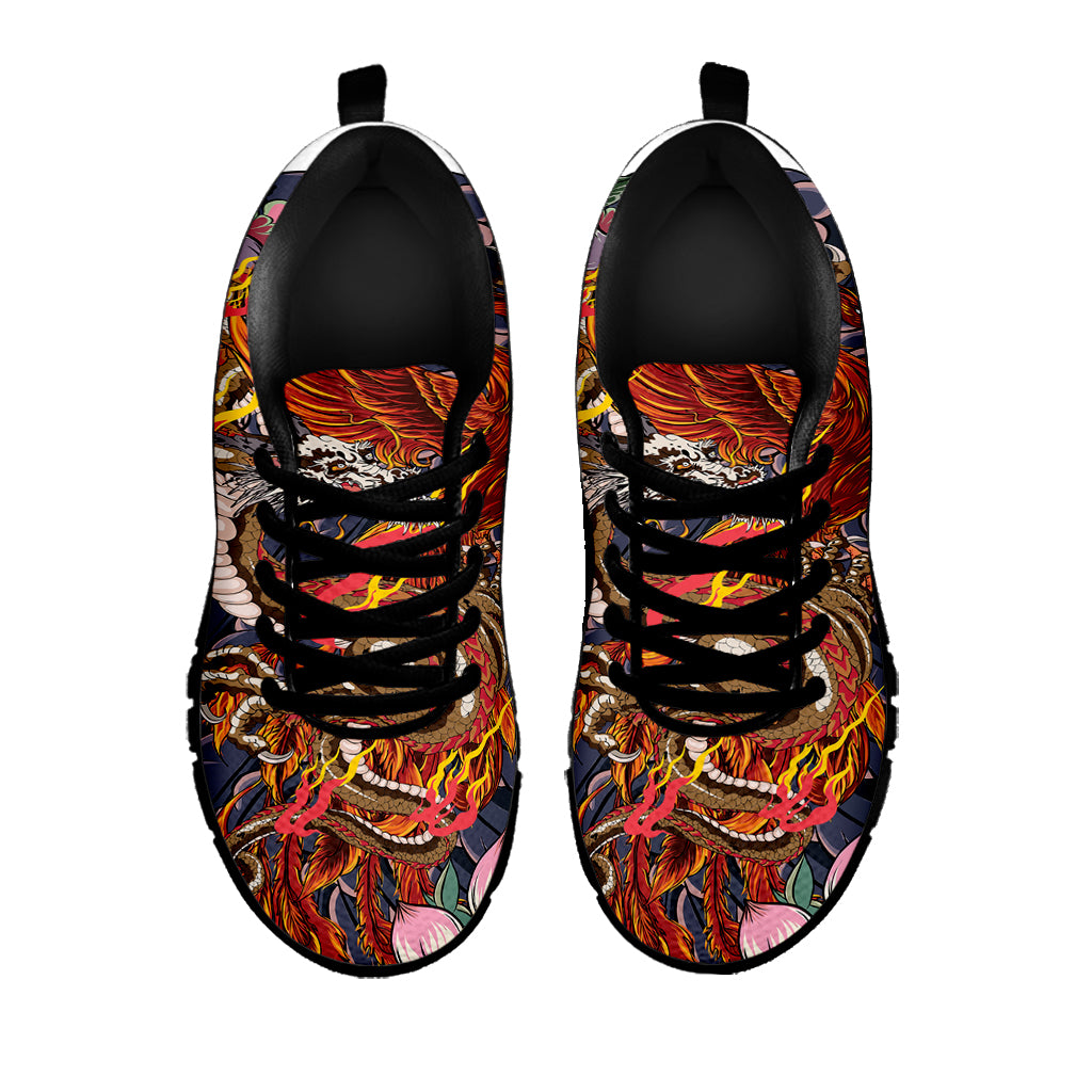 Japanese Dragon And Phoenix Tattoo Print Black Sneakers