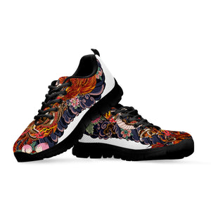 Japanese Dragon And Phoenix Tattoo Print Black Sneakers