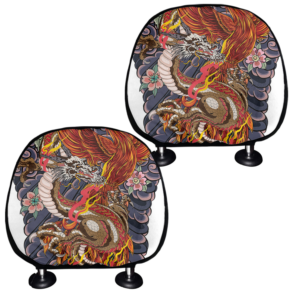 Japanese Dragon And Phoenix Tattoo Print Car Headrest Covers