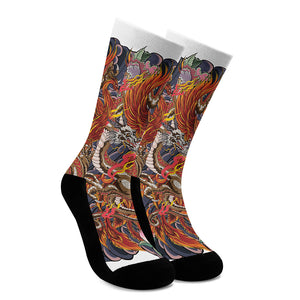 Japanese Dragon And Phoenix Tattoo Print Crew Socks