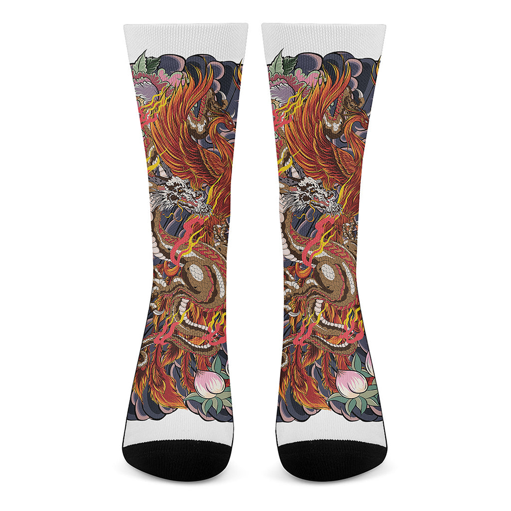 Japanese Dragon And Phoenix Tattoo Print Crew Socks