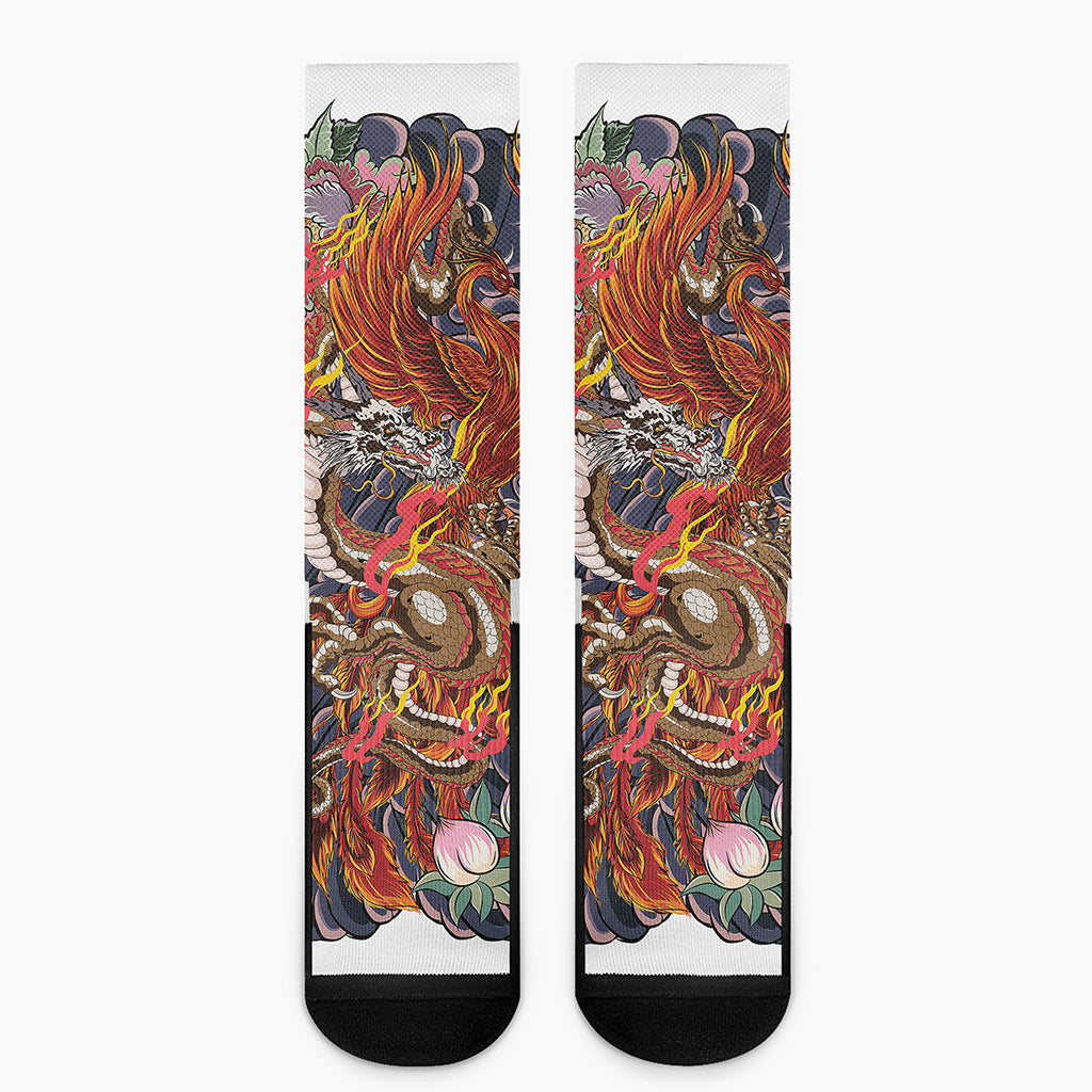 Japanese Dragon And Phoenix Tattoo Print Crew Socks