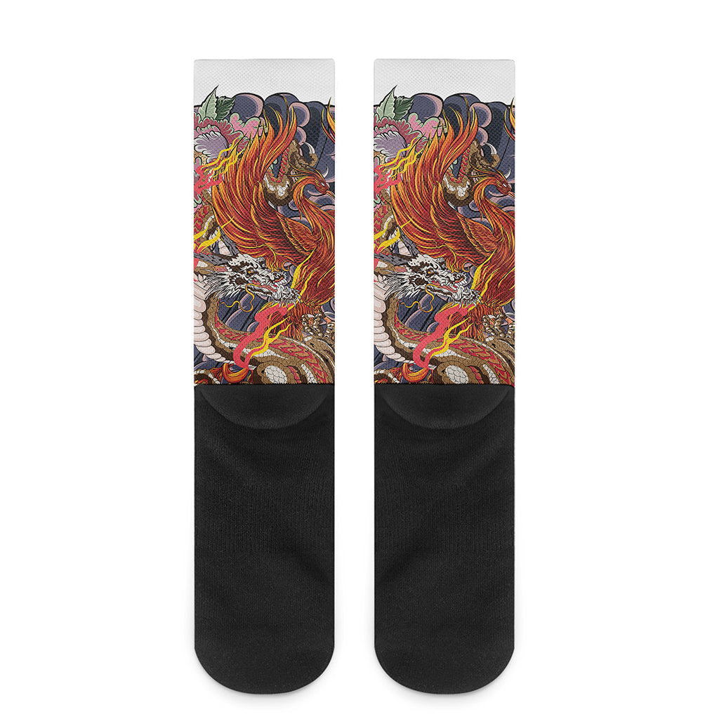 Japanese Dragon And Phoenix Tattoo Print Crew Socks