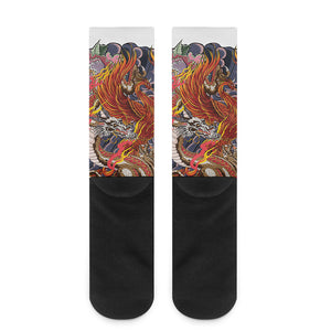 Japanese Dragon And Phoenix Tattoo Print Crew Socks