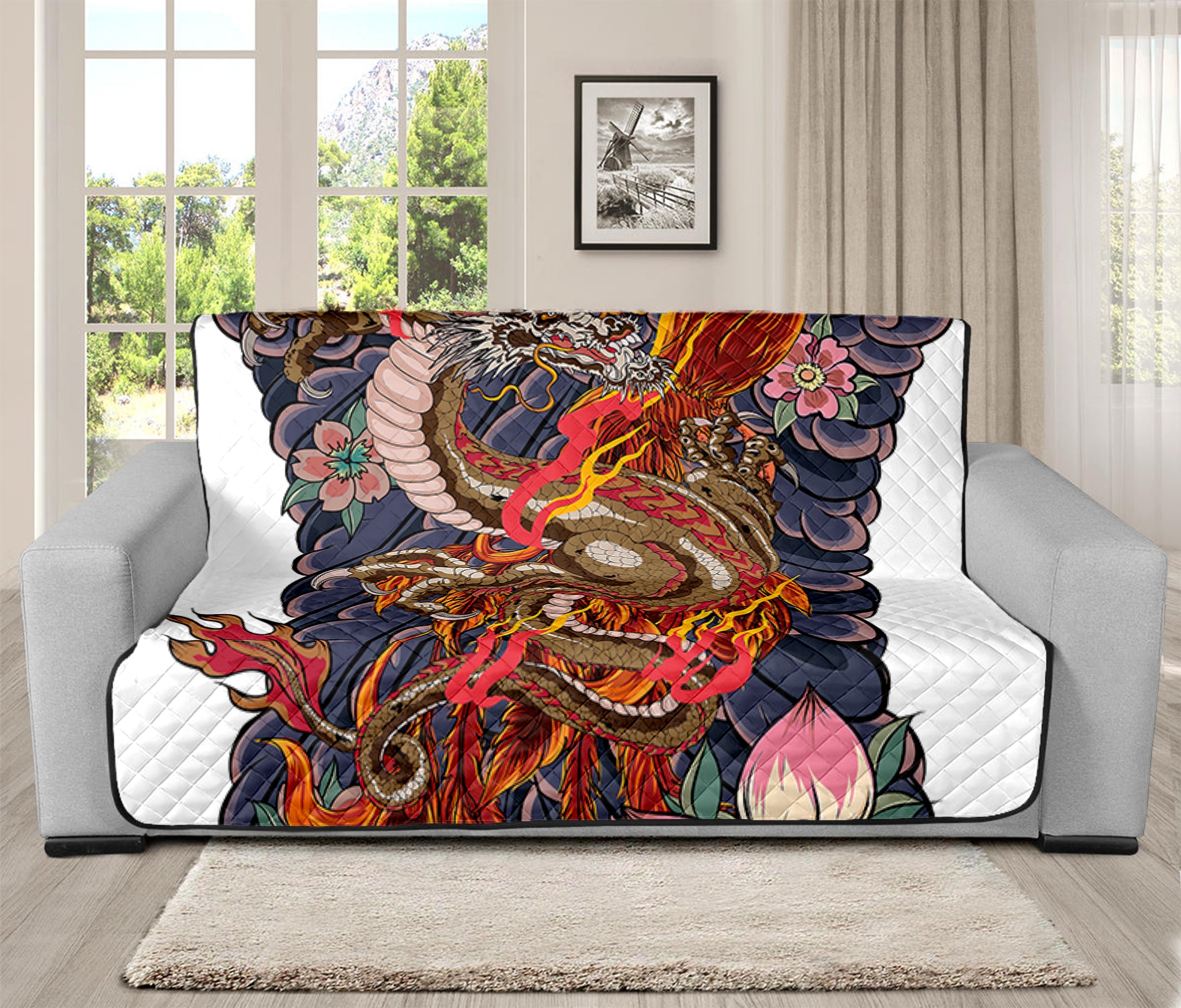 Japanese Dragon And Phoenix Tattoo Print Futon Protector