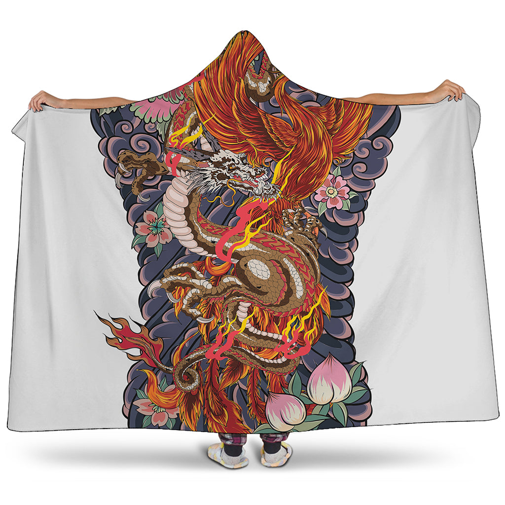 Japanese Dragon And Phoenix Tattoo Print Hooded Blanket