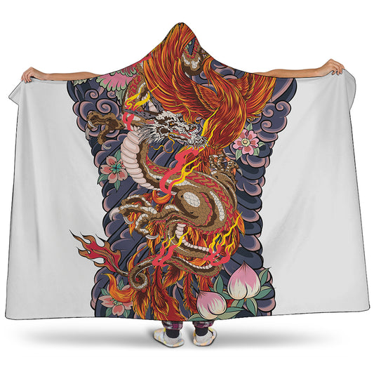 Japanese Dragon And Phoenix Tattoo Print Hooded Blanket