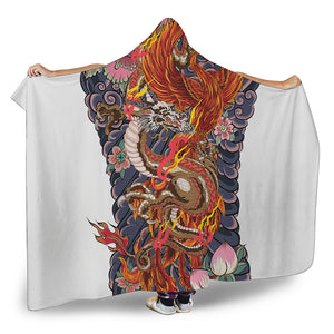 Japanese Dragon And Phoenix Tattoo Print Hooded Blanket