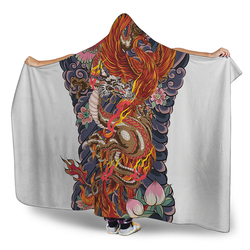 Japanese Dragon And Phoenix Tattoo Print Hooded Blanket