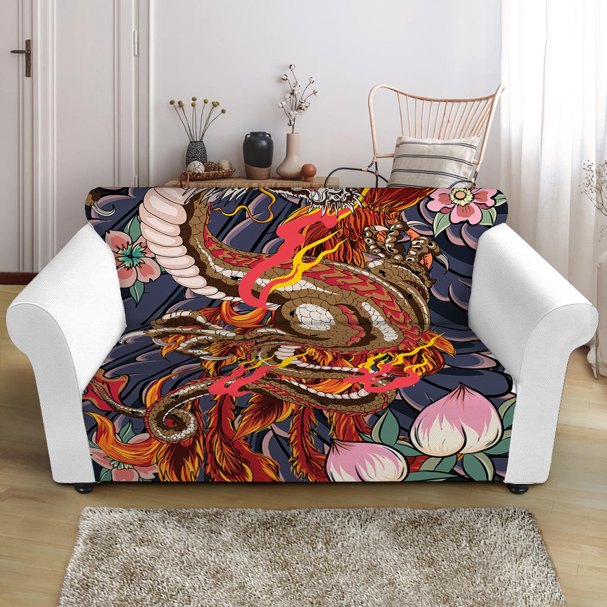 Japanese Dragon And Phoenix Tattoo Print Loveseat Slipcover