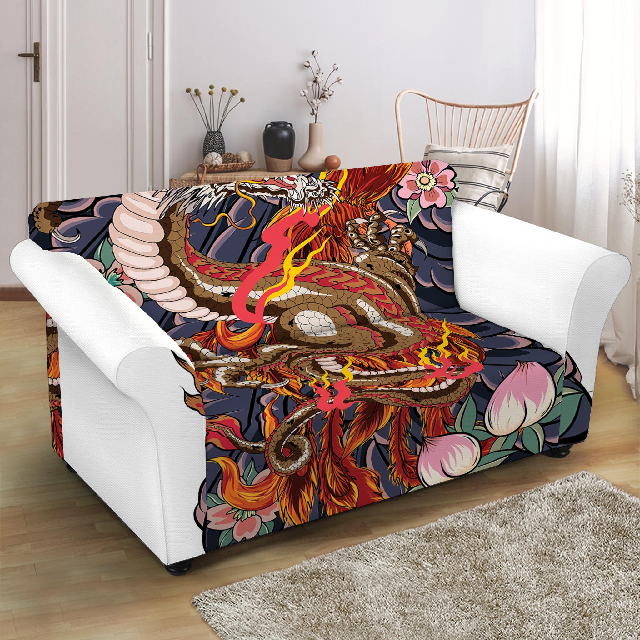 Japanese Dragon And Phoenix Tattoo Print Loveseat Slipcover