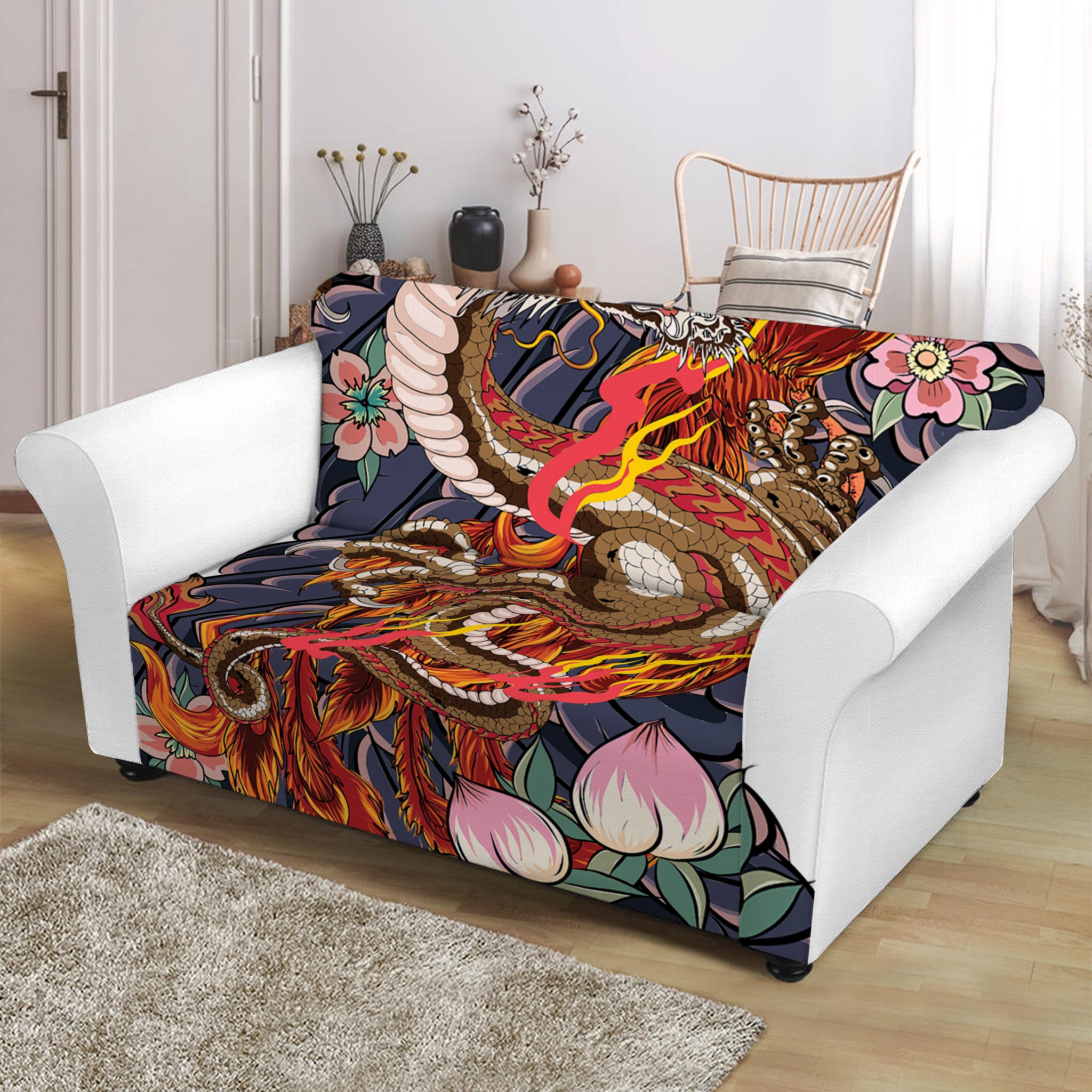 Japanese Dragon And Phoenix Tattoo Print Loveseat Slipcover