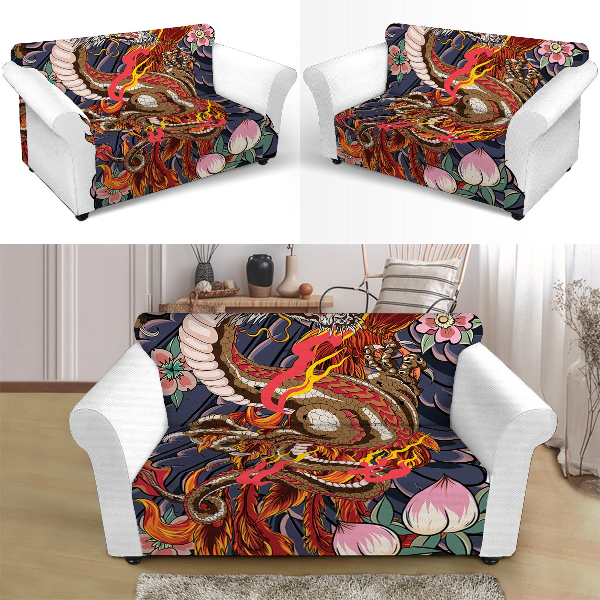 Japanese Dragon And Phoenix Tattoo Print Loveseat Slipcover