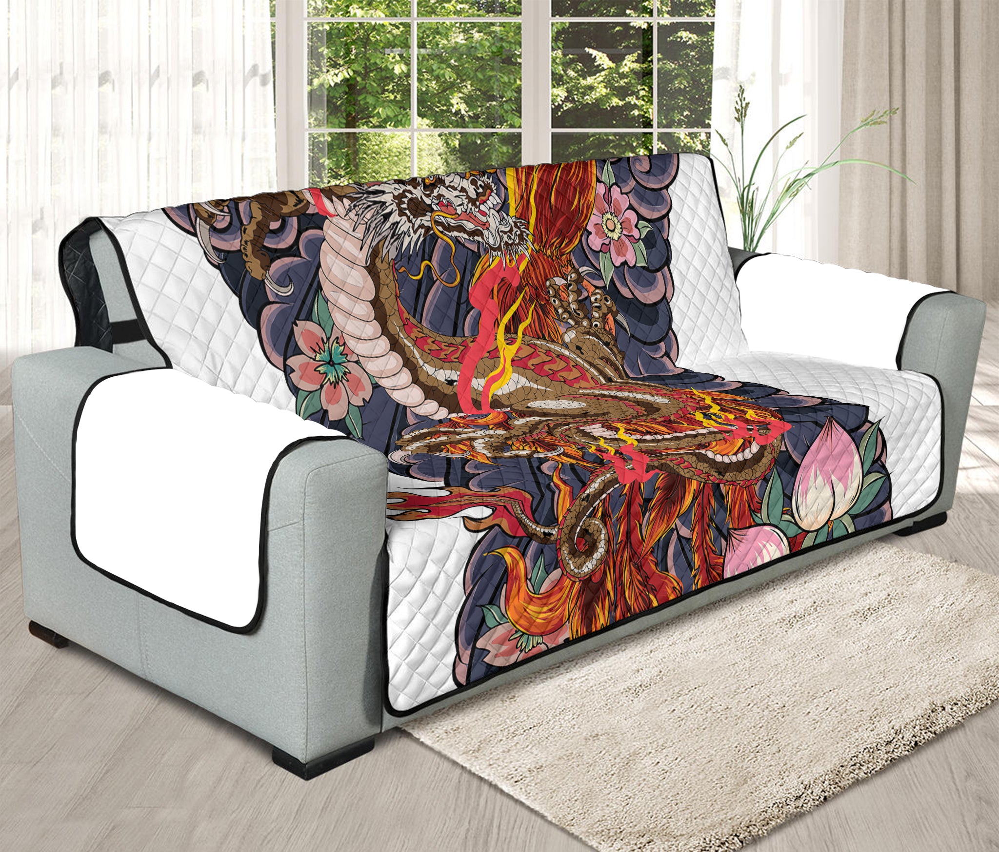 Japanese Dragon And Phoenix Tattoo Print Oversized Sofa Protector